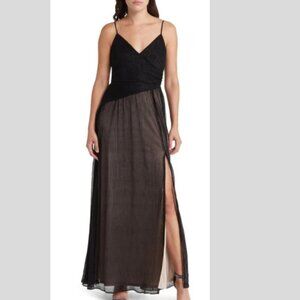 New! Jewel Badgley Mischka Metallic Sleeveless Side Slit Maxi Dress 22753